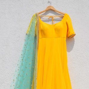 Mango Yellow Anarkali & Turquoise Dupatta
